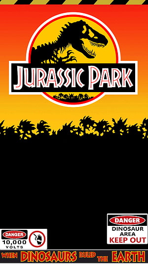 Jurassic Park T-Rex Logo with Danger Signs and Prehistoric Landscape HD phone wallpaper