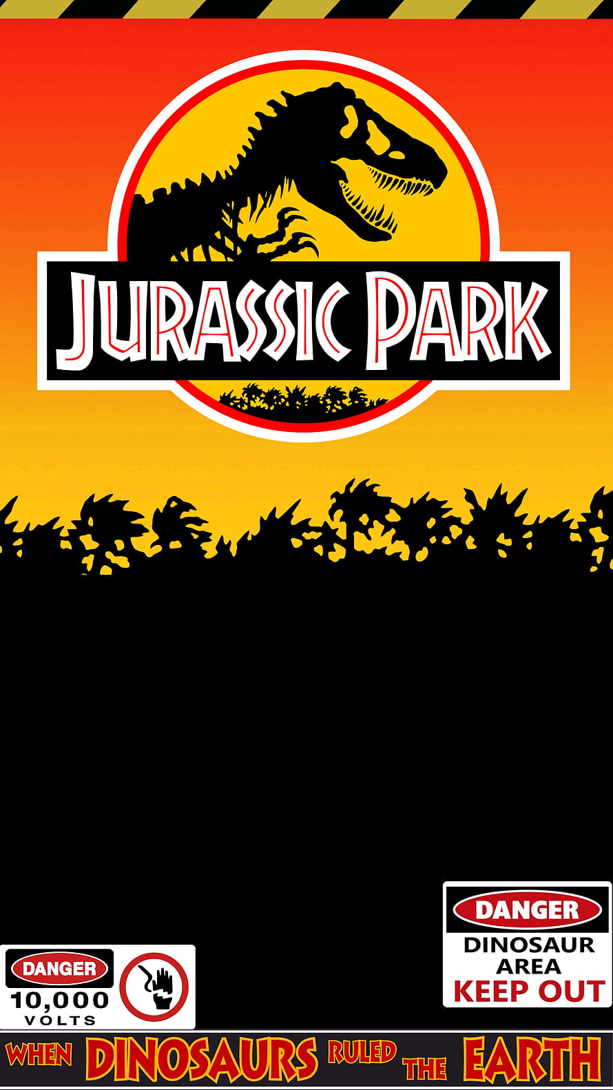 Jurassic Park T-Rex Logo with Danger Signs and Prehistoric Landscape HD phone wallpaper