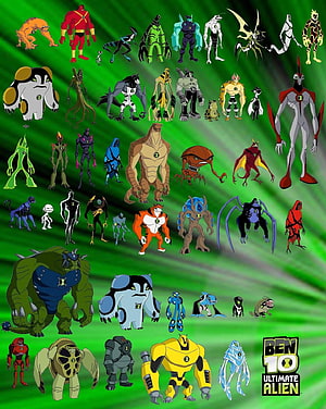 Ben 10 Ultimate Alien Complete Alien Roster Collection on Green Background HD phone wallpaper