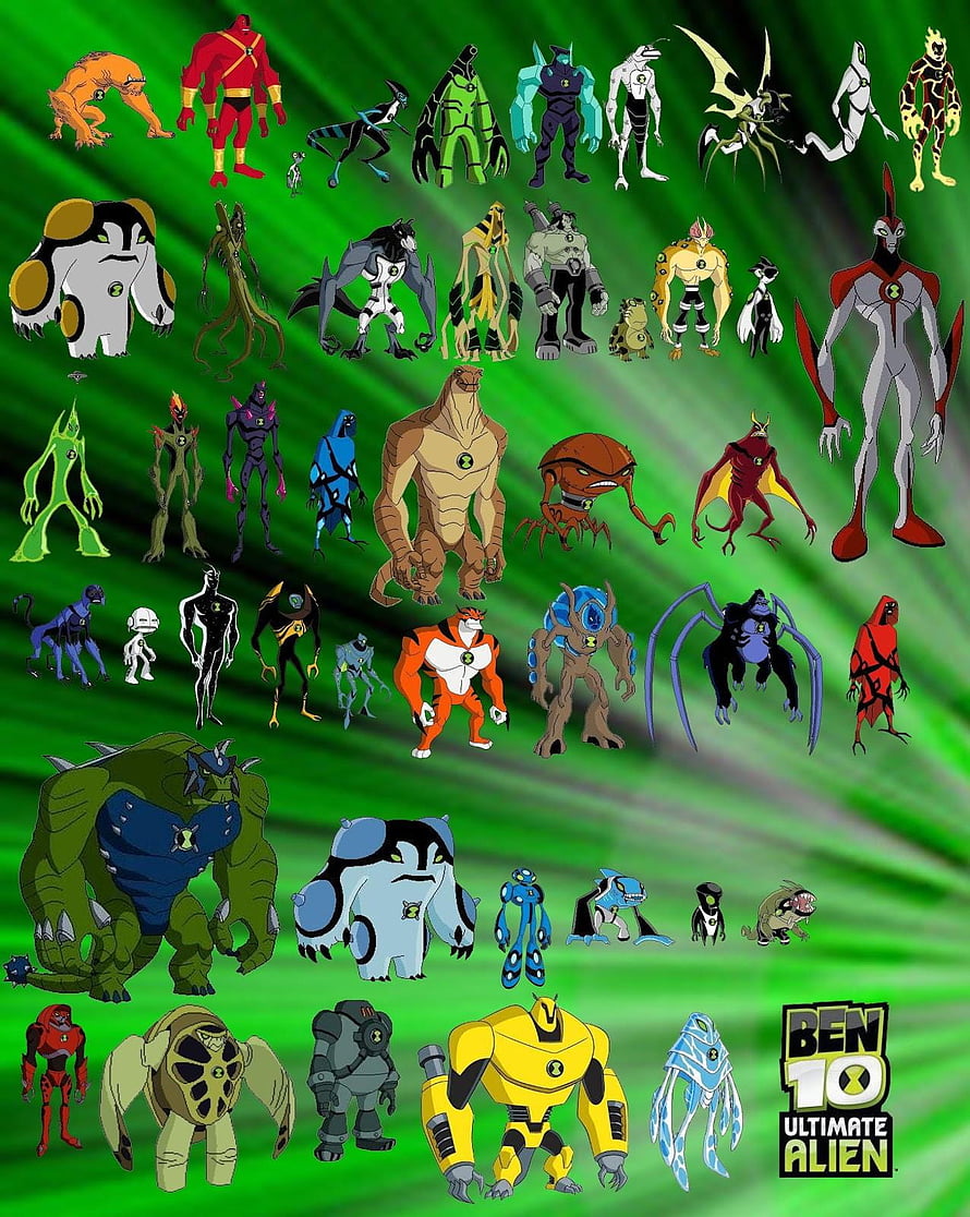 Ben 10 Ultimate Alien Complete Alien Roster Collection on Green Background HD phone wallpaper