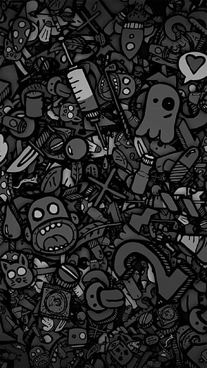 Monochrome Doodle Art Wallpaper Featuring Cartoon Monsters and Ghosts HD phone wallpaper