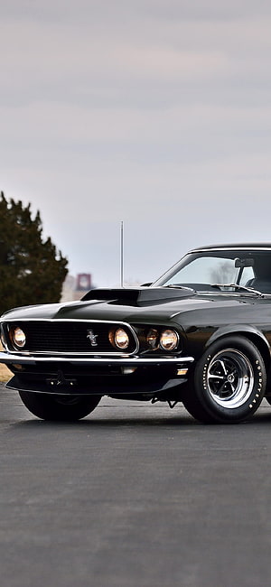 1969 Ford Mustang Boss 429 Fastback Muscle Car in Black with Hood Scoop and Chrome Details HD phone wallpaper