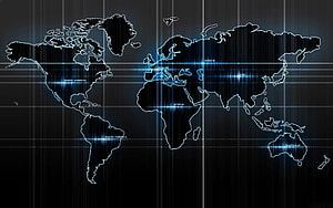 Glowing Blue Digital World Map with Grid Lines and Continent Labels on Dark Background HD wallpaper