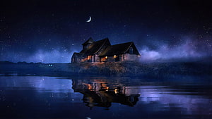 Cozy Lakeside Cottage at Night with Starry Sky and Moon Reflection HD wallpaper