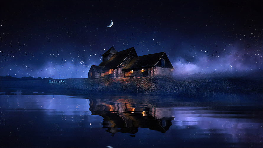 Cozy Lakeside Cottage at Night with Starry Sky and Moon Reflection HD wallpaper