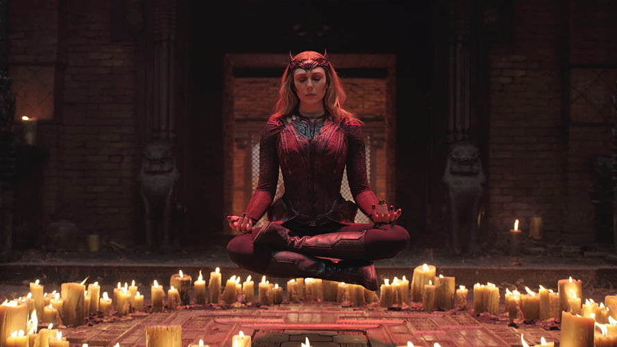 Scarlet Witch Wanda Maximoff Meditating in Candlelit Stone Chamber HD wallpaper