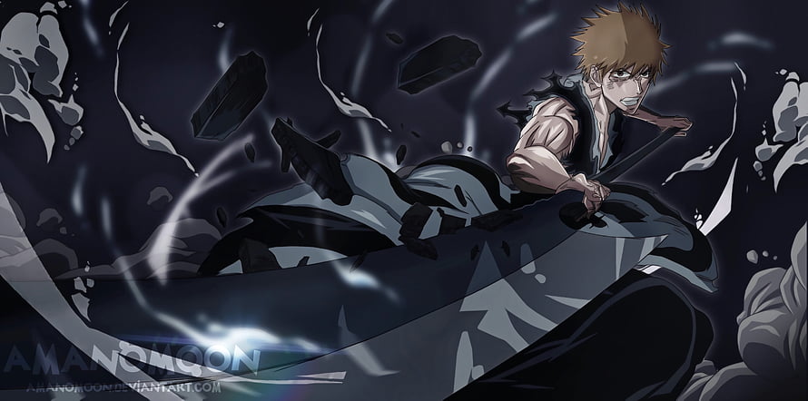 Ichigo Kurosaki Wielding Zangetsu in Dark Anime Battle Scene HD wallpaper