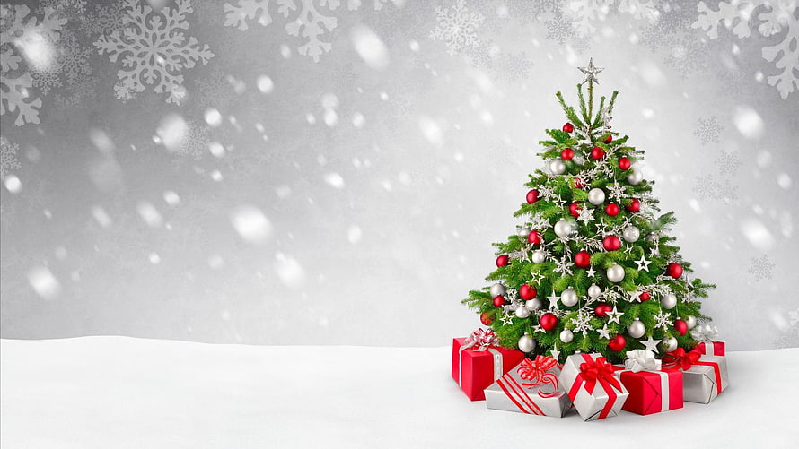 Festive Christmas Tree with Red and Silver Ornaments and Gift Boxes in Snowy Winter Scene HD wallpaper