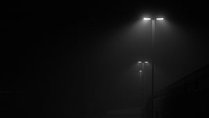 Moody Street Lights Cutting Through Thick Fog on a Dark Urban Road at Night HD wallpaper