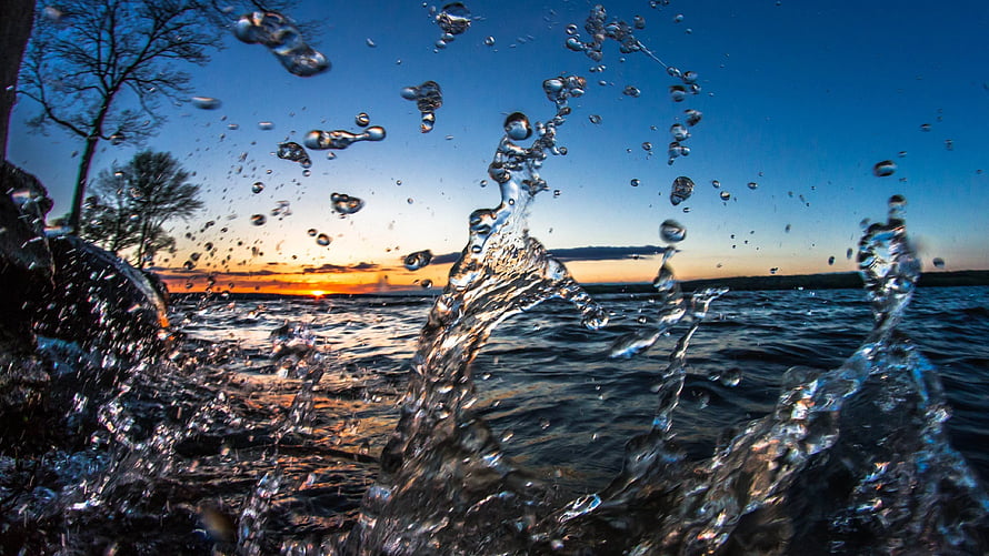 Dramatic Water Splash at Sunset Over a Calm Lake with Bare Trees on the Shore HD wallpaper