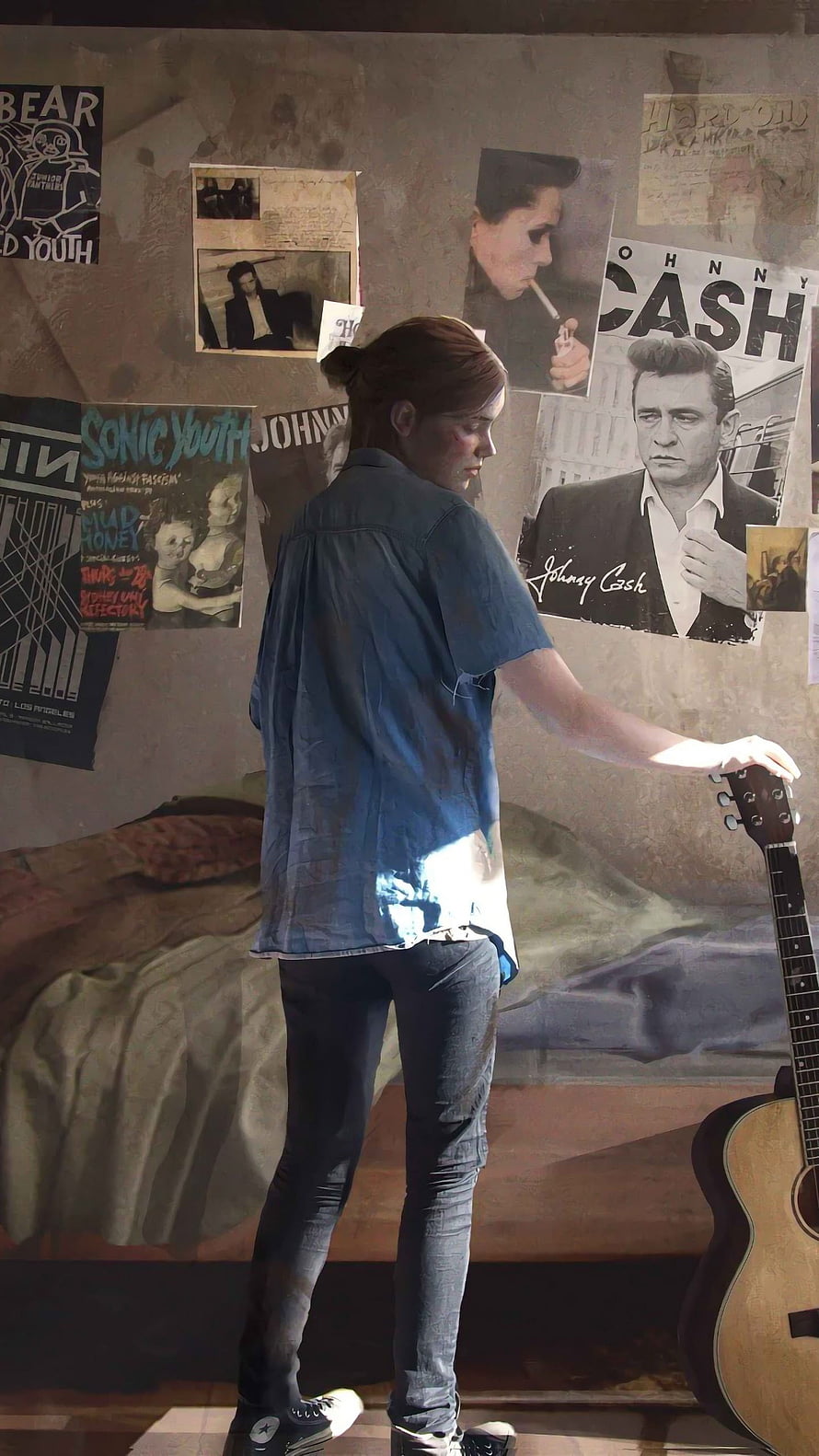 Ellie from The Last of Us Part 2 standing in a room with a guitar and music posters HD phone wallpaper