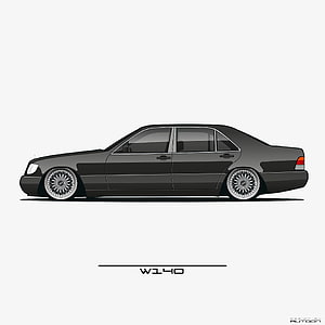 Mercedes-Benz W140 Sedan Side Profile Vector Illustration with Mesh Wheels HD phone wallpaper