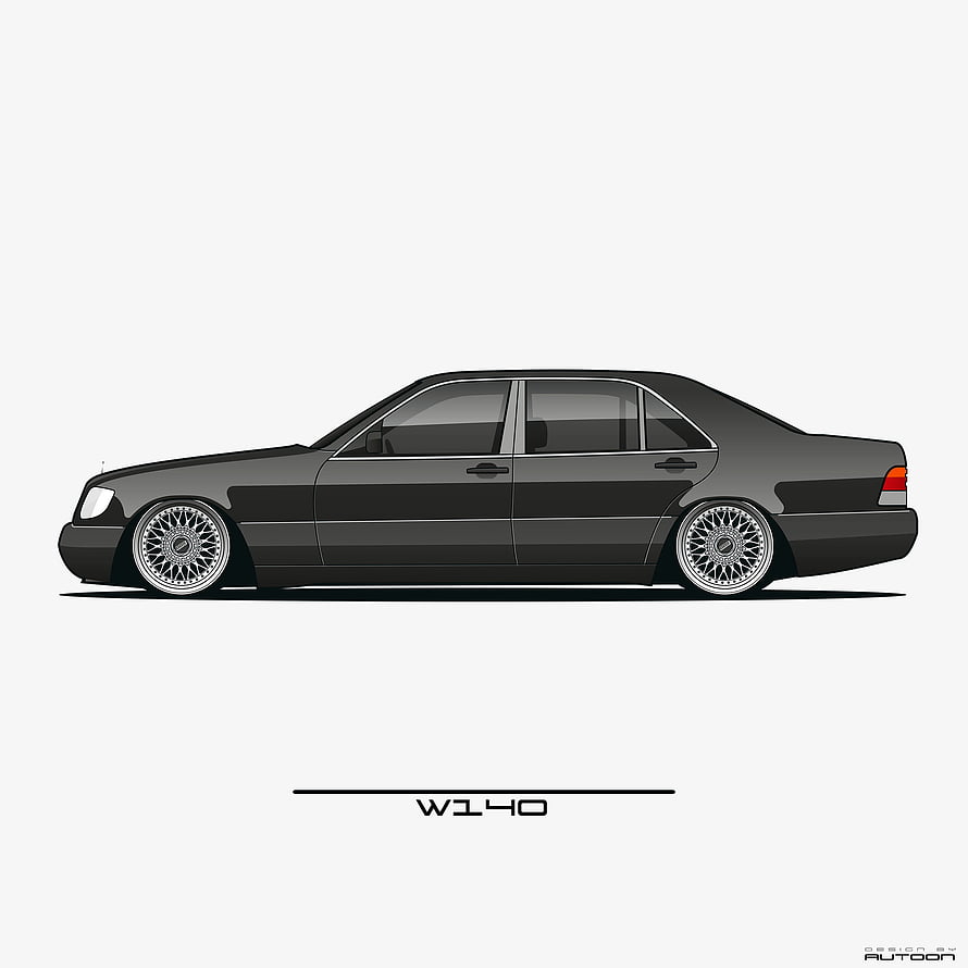 Mercedes-Benz W140 Sedan Side Profile Vector Illustration with Mesh Wheels HD phone wallpaper