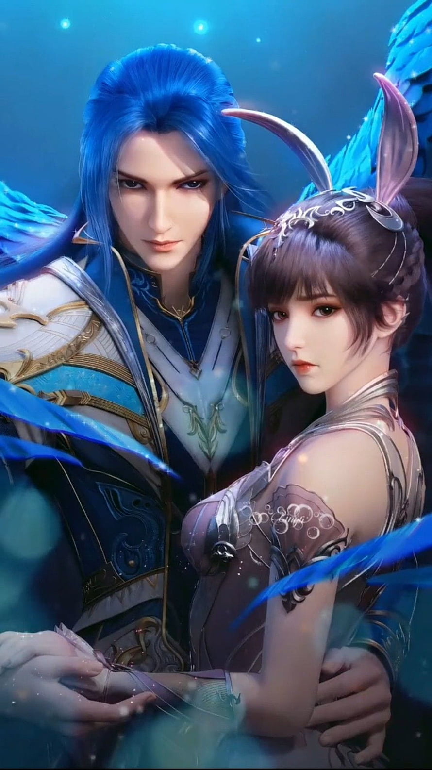 Tang San and Xiao Wu in Fantasy Armor with Blue Feathers and Ethereal Glow HD phone wallpaper