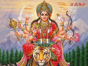 Maa Mangala Divine Goddess Riding Tiger With Multiple Arms Holding Sacred Weapons HD wallpaper