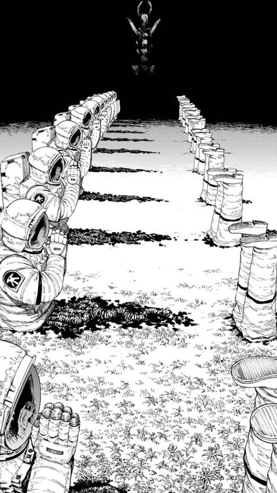 Chainsaw Man Aki Homura Kneeling in a Line with Astronaut Suits and Floating Figure HD phone wallpaper