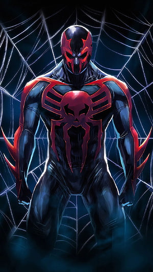 Spider-Man 2099 Digital Art with Red and Black Suit and Web Background HD phone wallpaper