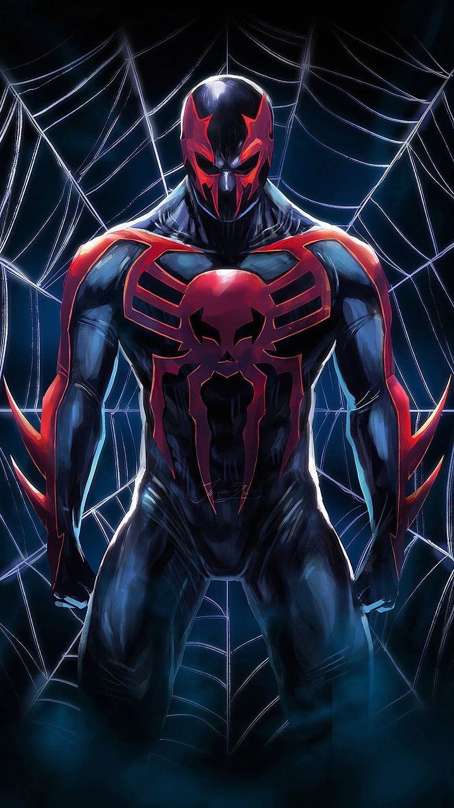 Spider-Man 2099 Digital Art with Red and Black Suit and Web Background HD phone wallpaper