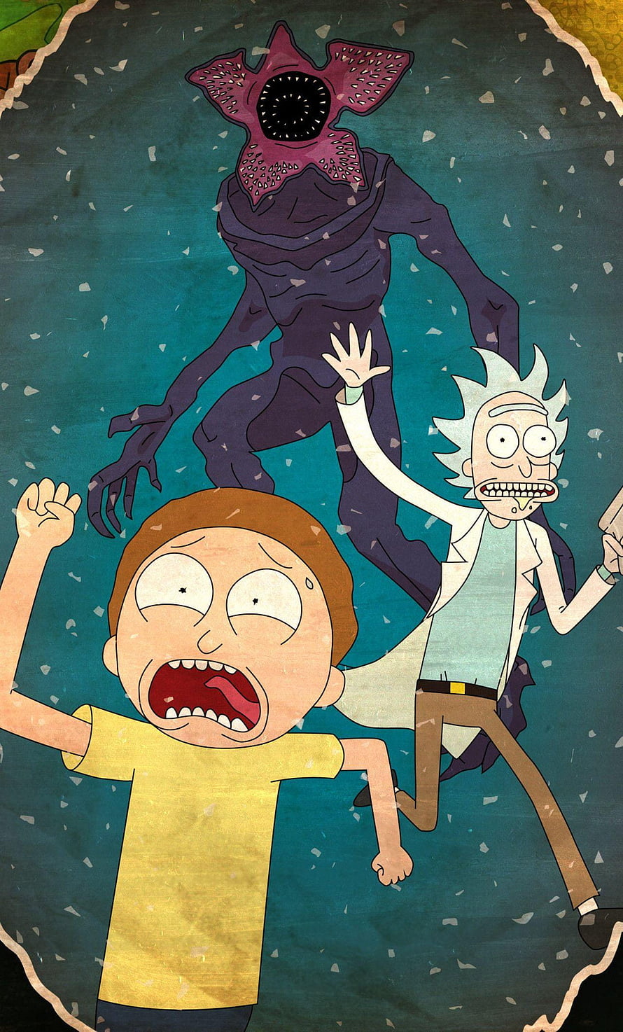 Rick and Morty Fleeing from a Star-Faced Alien Monster in a Dark Void HD phone wallpaper