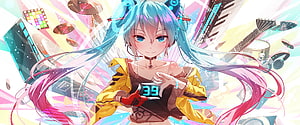 Hatsune Miku in a vibrant music-themed anime illustration with floating instruments and colorful background HD wallpaper