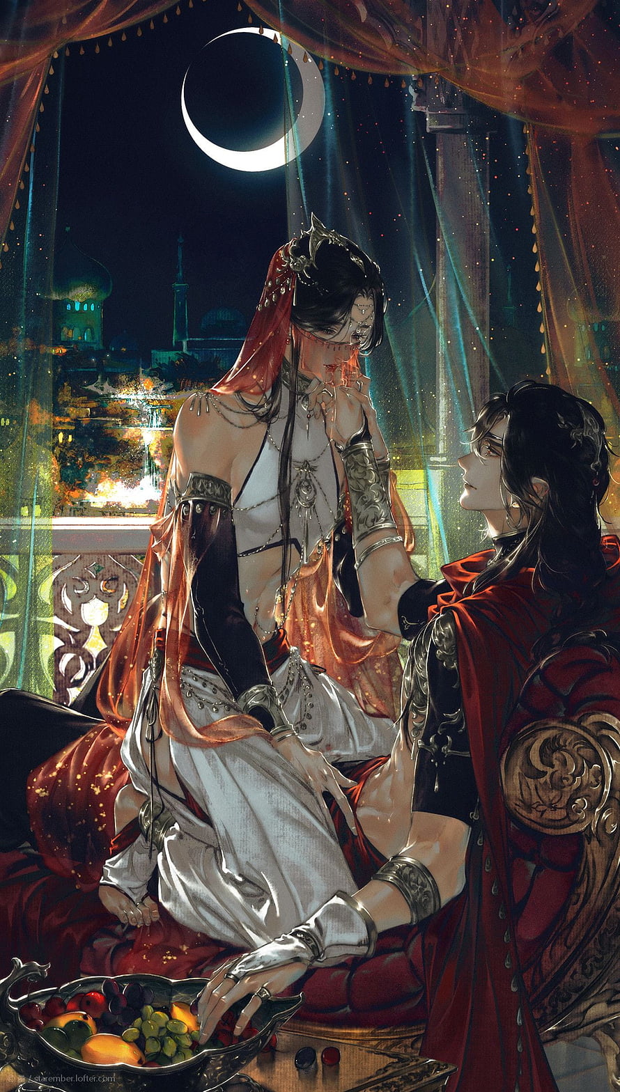 Tian Guan Ci Fu: Intimate Night Scene with Crescent Moon and Oriental Architecture HD phone wallpaper