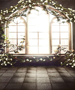 Gothic Arched Window with White Floral Vines and Stone Tile Floor HD phone wallpaper