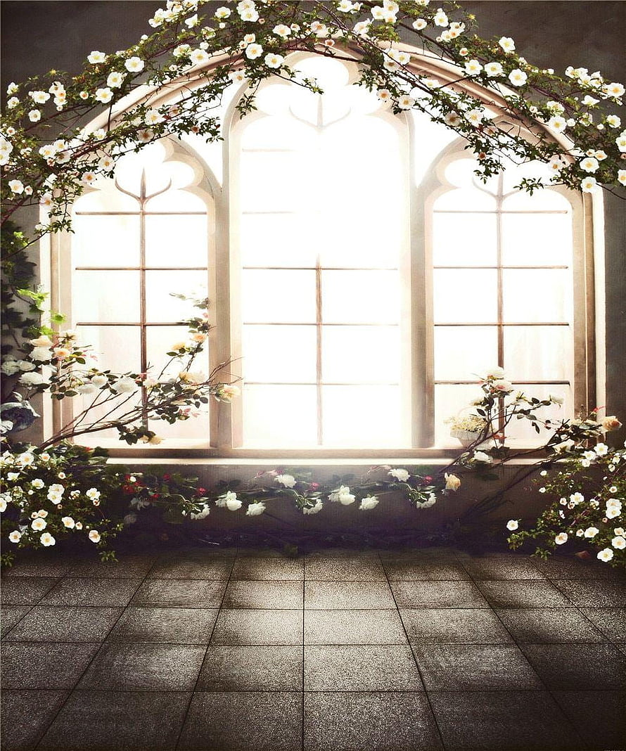 Gothic Arched Window with White Floral Vines and Stone Tile Floor HD phone wallpaper