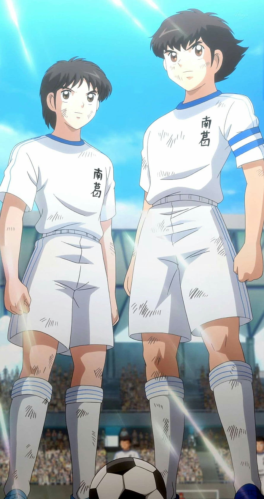 Captain Tsubasa and Genzo Wakabayashi in Nankatsu Soccer Uniforms on the Pitch HD phone wallpaper