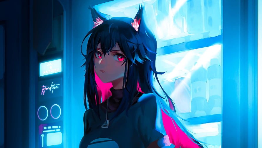 Anime Girl With Cat Ears In Neon Cyberpunk Convenience Store HD wallpaper