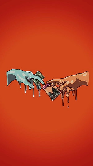 Stylized illustration of two hands exchanging cash and a bag of dark substance on a red background HD phone wallpaper
