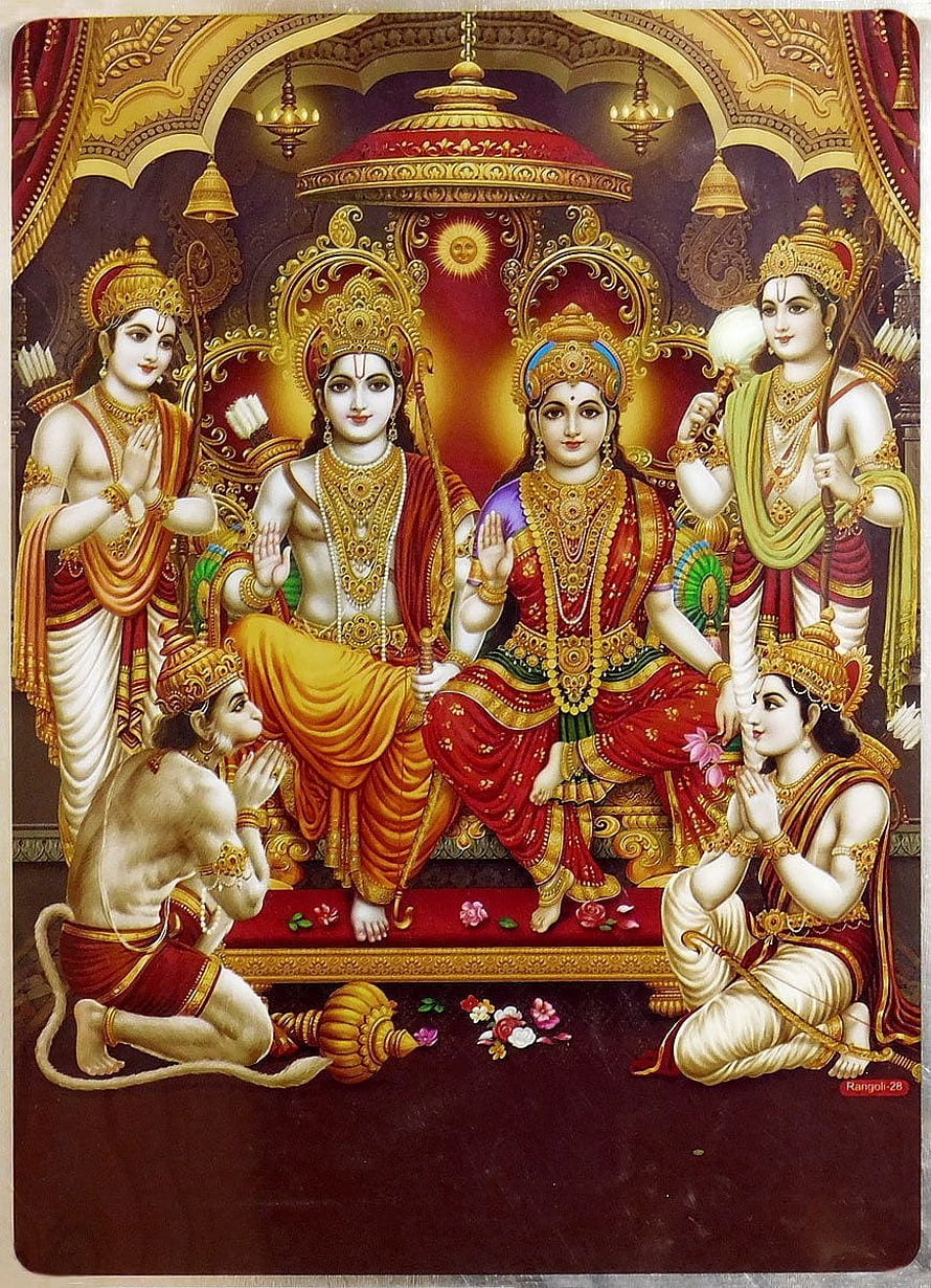 Ram Darbar Divine Scene with Sita and Attendants in Traditional Indian Art HD phone wallpaper