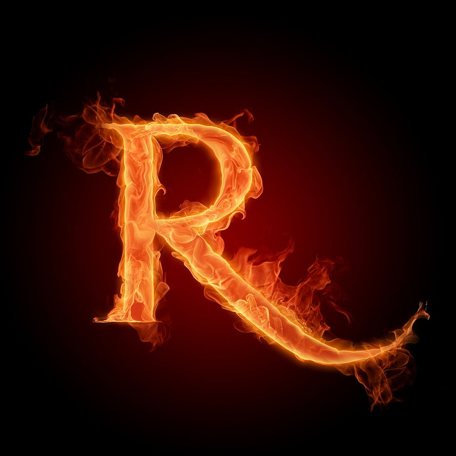 Flaming Letter R Alphabet Design with Fiery Orange Flames on Dark Background HD phone wallpaper