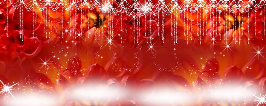 Festive Red Floral Wedding Banner With Sparkling Beaded Garland And Glowing Starbursts HD wallpaper
