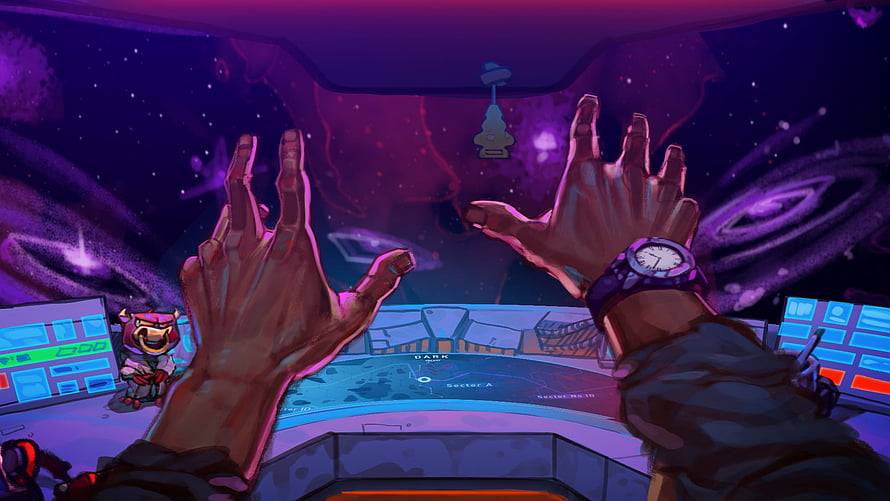 First-Person View of Hands Reaching Toward a Cosmic Nebula From a Sci-Fi Ship Cockpit HD wallpaper