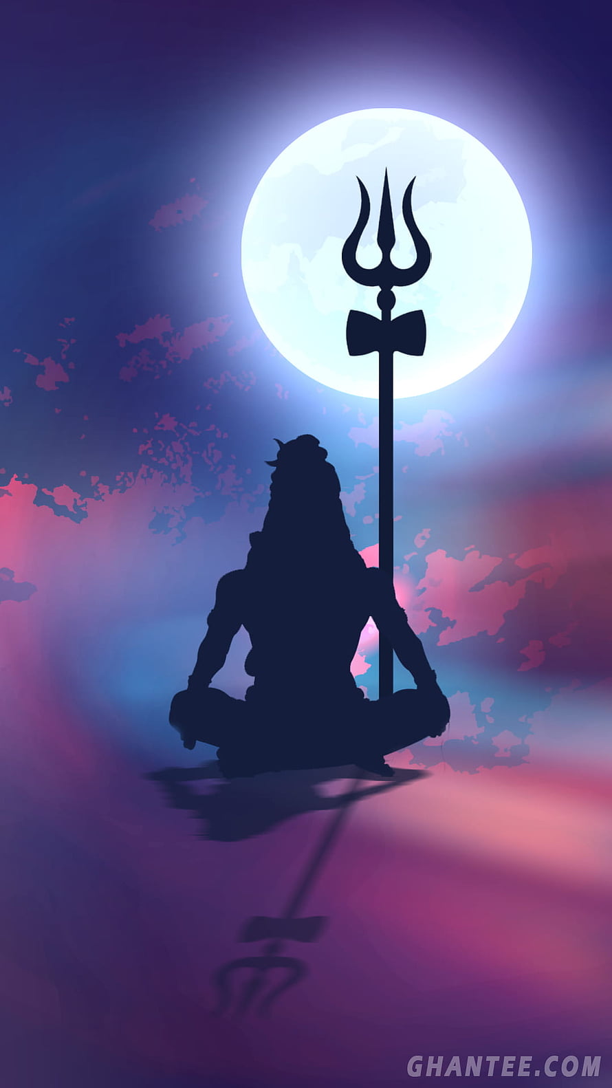 Lord Shiva Meditating Silhouette with Trishul Against Full Moon HD phone wallpaper