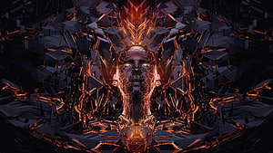 Glowing Cybernetic Face Emerging From Dark Geometric Shards HD wallpaper