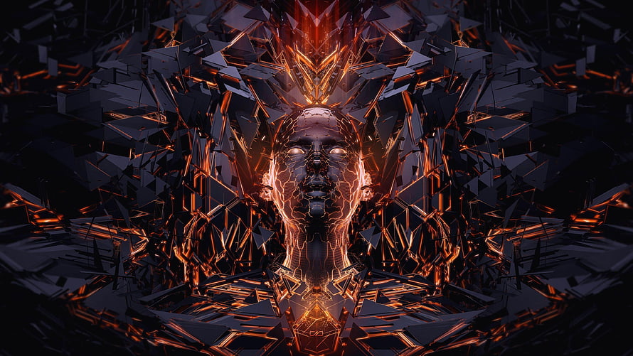 Glowing Cybernetic Face Emerging From Dark Geometric Shards HD wallpaper