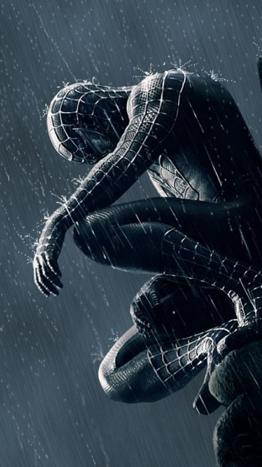 Spider-Man in Black Symbiote Suit Crouching in Heavy Rain HD phone wallpaper