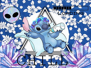 Stitch Aesthetic Loading Screen with Crystals, Alien, and Floral Pattern HD wallpaper