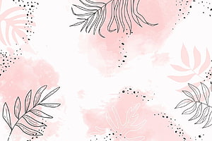 Soft Pink Watercolor Tropical Leaf Frame with Black Line Art and Ink Splatter Accents HD wallpaper