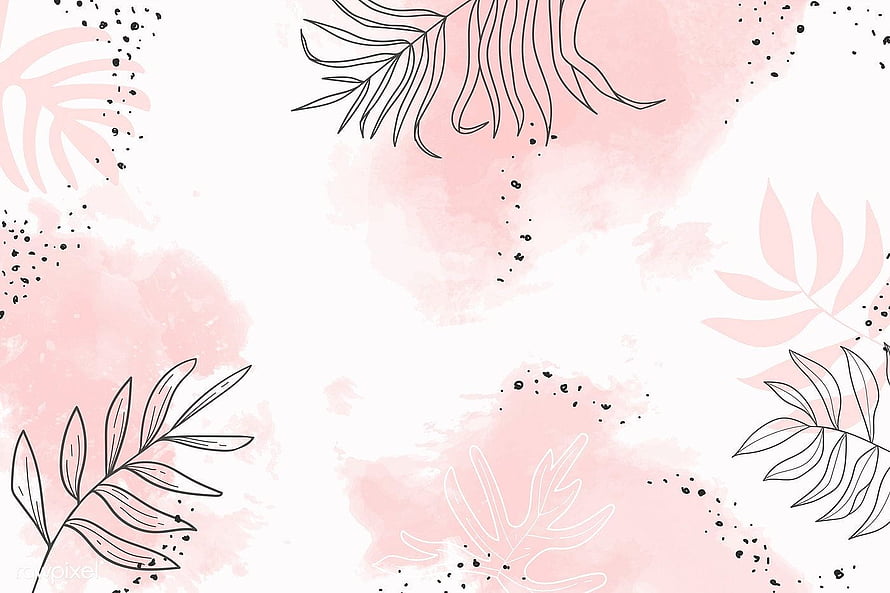 Soft Pink Watercolor Tropical Leaf Frame with Black Line Art and Ink Splatter Accents HD wallpaper