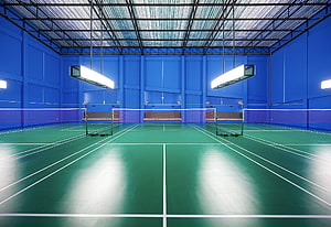 Empty Indoor Badminton Court with Green Floor and Blue Walls Under Bright Overhead Lighting HD wallpaper