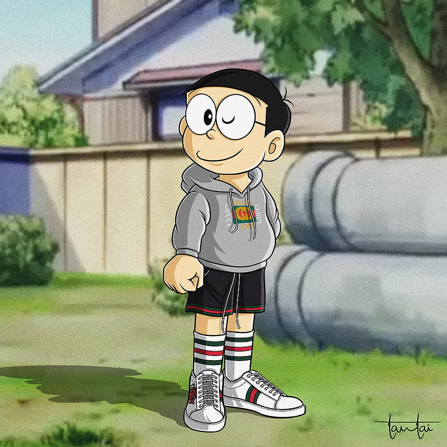 Nobita Nobi in Streetwear Hoodie and Sneakers Standing in Suburban Backyard HD phone wallpaper