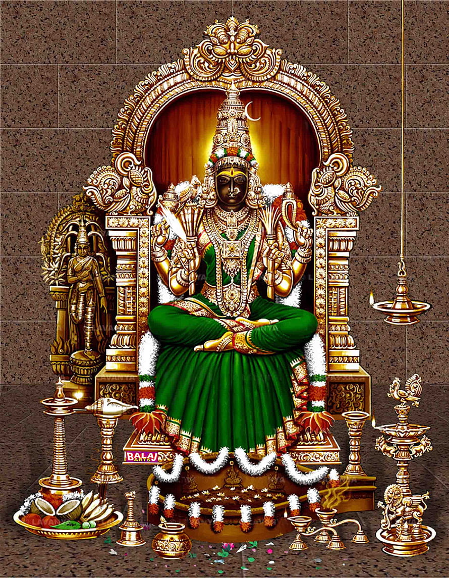 Kamakshi Amman Temple Deity Seated on Ornate Golden Throne with Ritual Offerings HD phone wallpaper