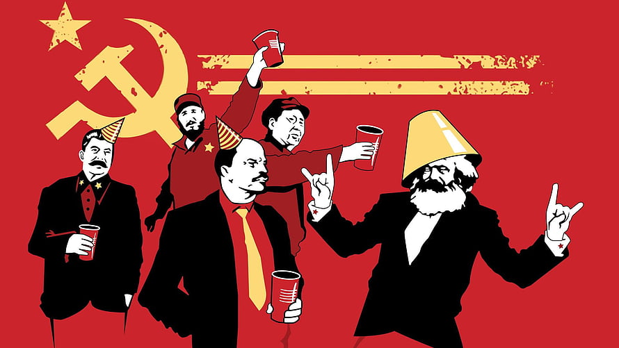 Soviet Leaders Party Illustration with Red Cups and Hammer Sickle Symbol HD wallpaper