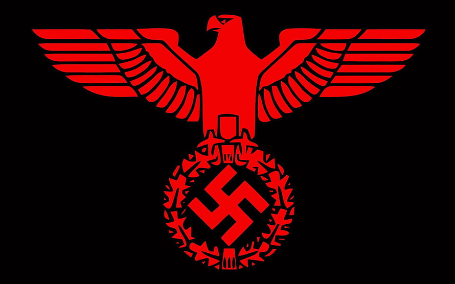 Red Nazi Eagle Emblem with Swastika and Oak Leaf Wreath on Black Background HD wallpaper