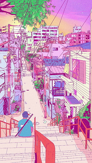 Pastel Retro Anime Alleyway with Samurai Figure and Vibrant Japanese Cityscape HD phone wallpaper