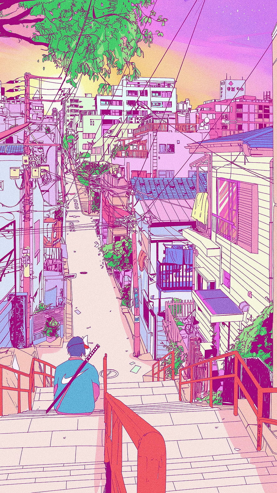 Pastel Retro Anime Alleyway with Samurai Figure and Vibrant Japanese Cityscape HD phone wallpaper