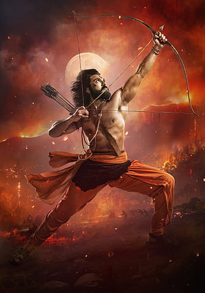 RRR Movie Warrior Archery Poster with Fiery Battlefield and Full Moon HD phone wallpaper