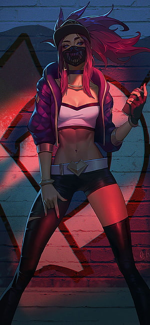 K/DA Akali Anime Character Art with Neon Lighting and Graffiti Background HD phone wallpaper